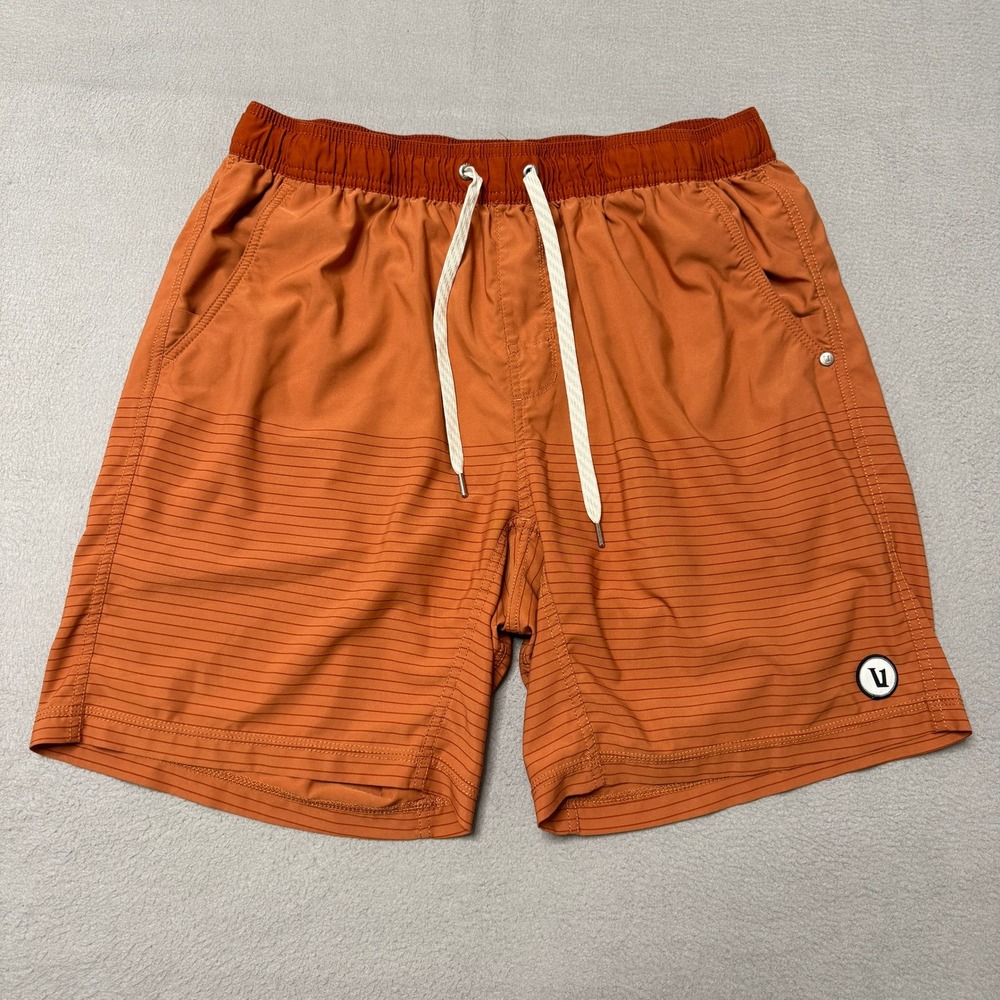 Vuori Kore Shorts Men Medium Burnt Orange Striped Athletic Gym Swim Lined